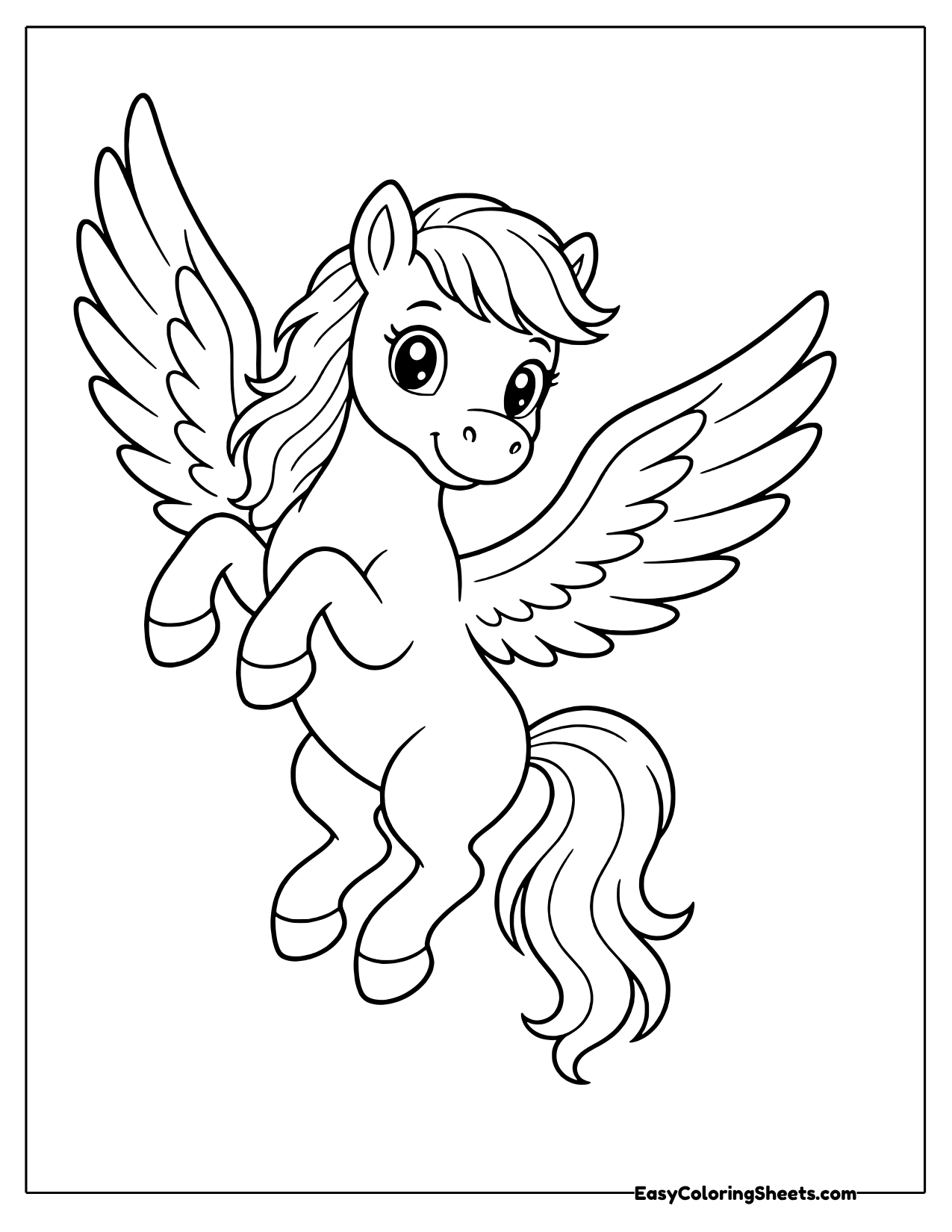 A playful pegasus rears up on its back legs with its front hooves tucked high and its feathered wings spread wide.