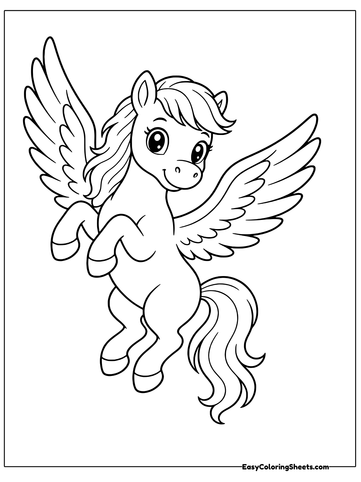 A playful pegasus rears up on its back legs with its front hooves tucked high and its feathered wings spread wide.