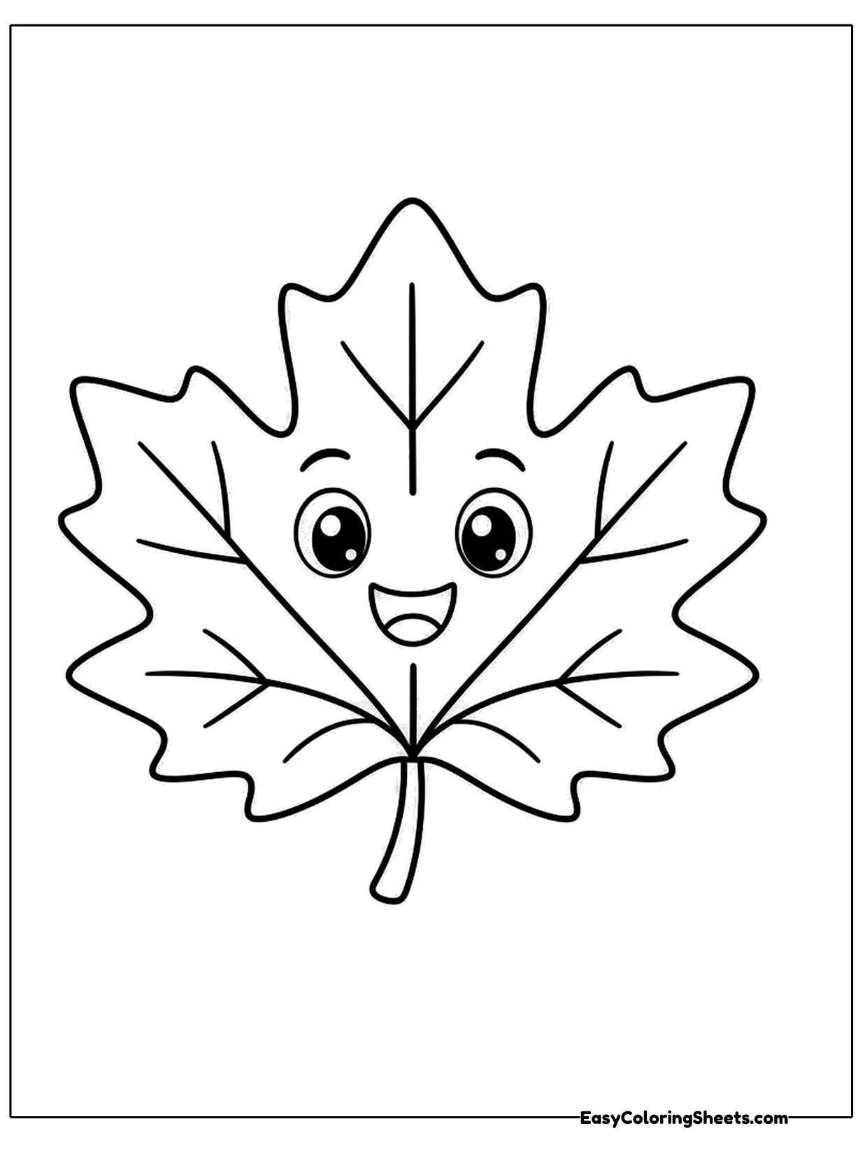 A big maple leaf has a smiling face with shiny eyes right in the middle, and its pointed lobes spread out to the edges.