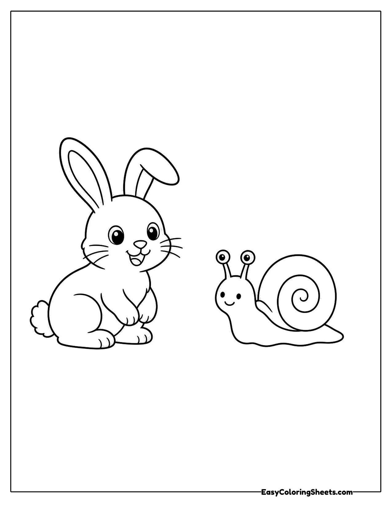 Bunny sitting next to a small snail with a spiral shell