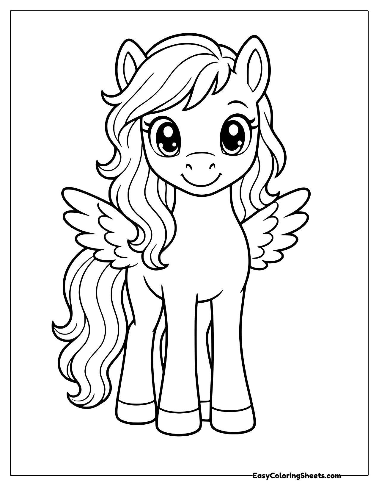 Front view of a standing pegasus with small wings tucked low and a long mane