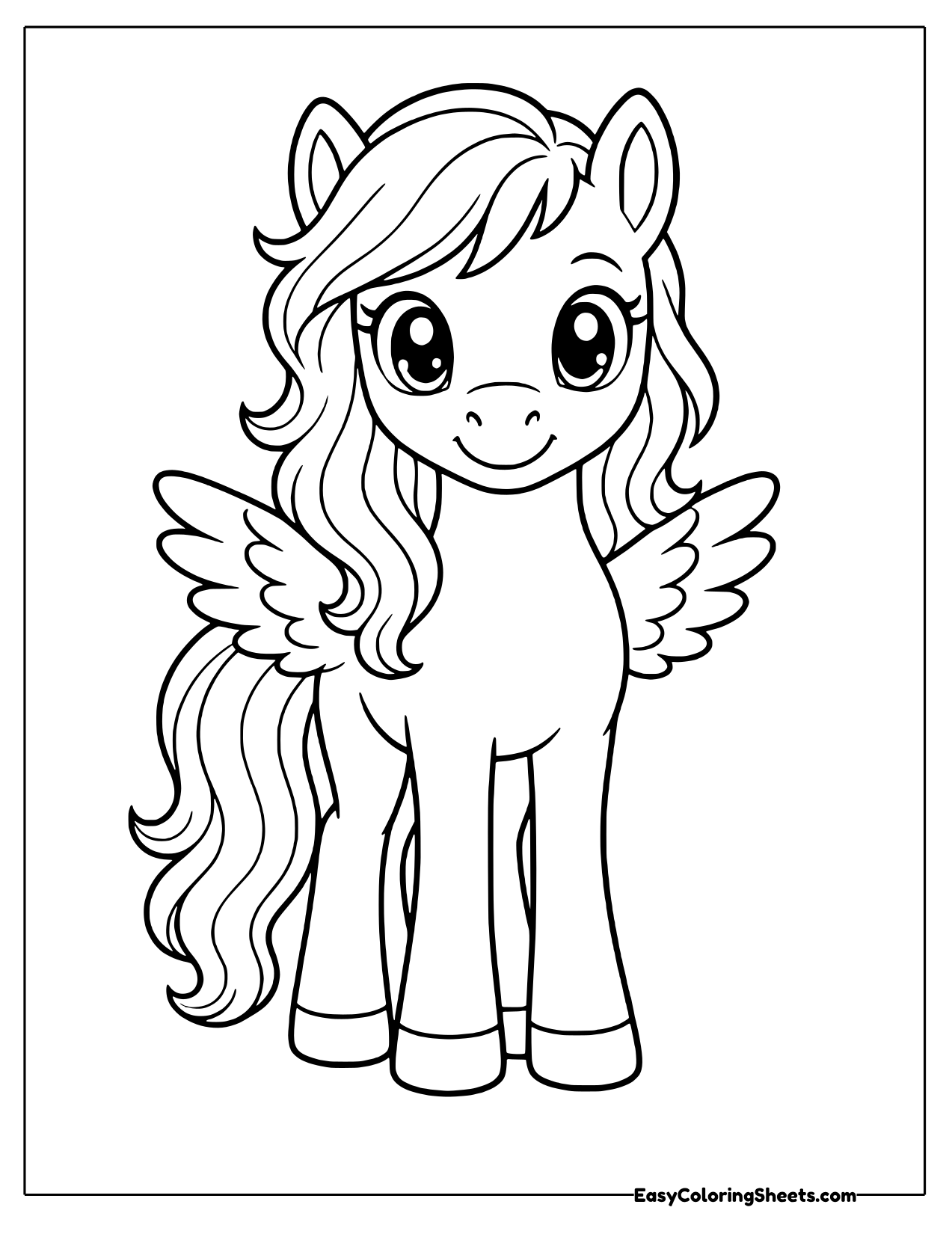 Front view of a standing pegasus with small wings tucked low and a long mane