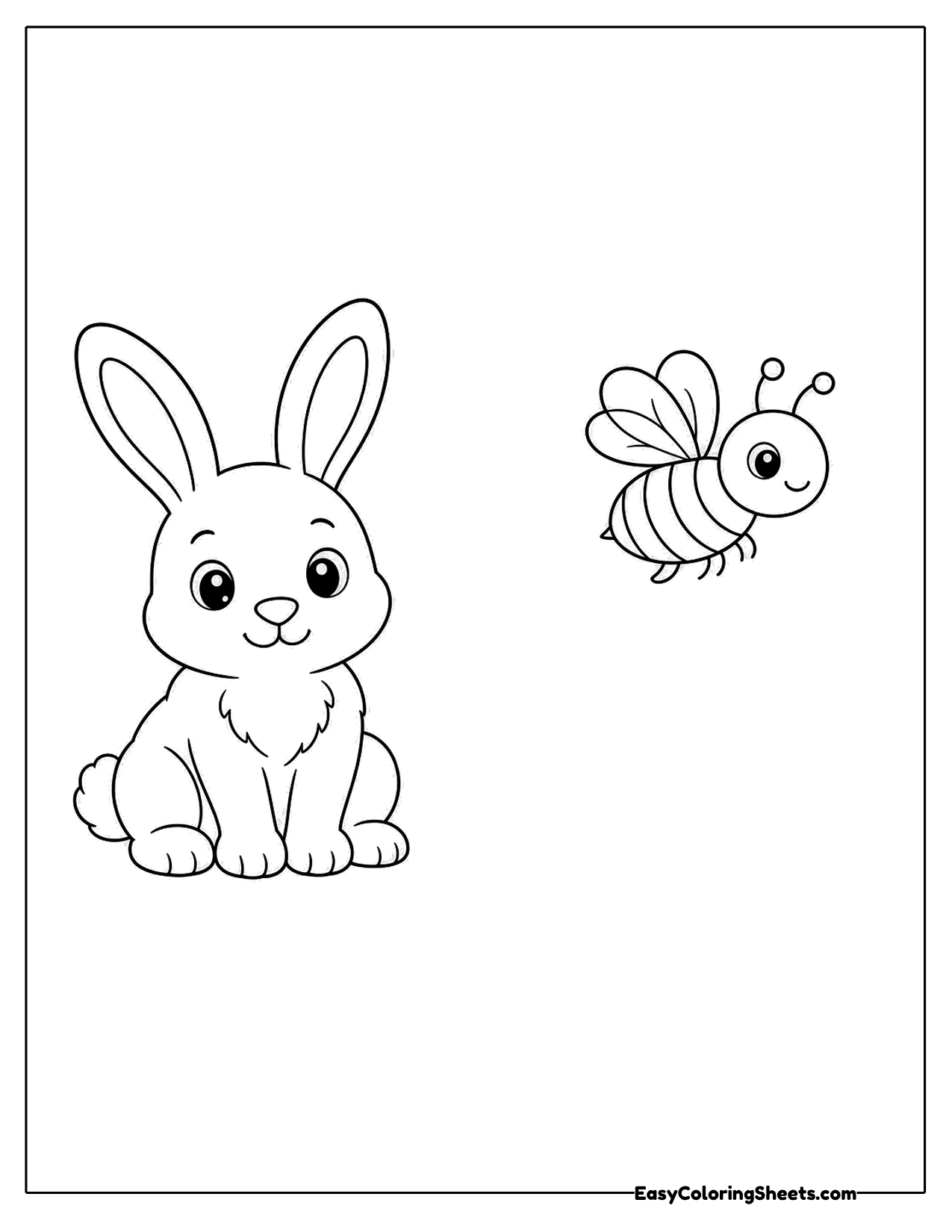 Bunny sitting with a small striped bee flying beside it