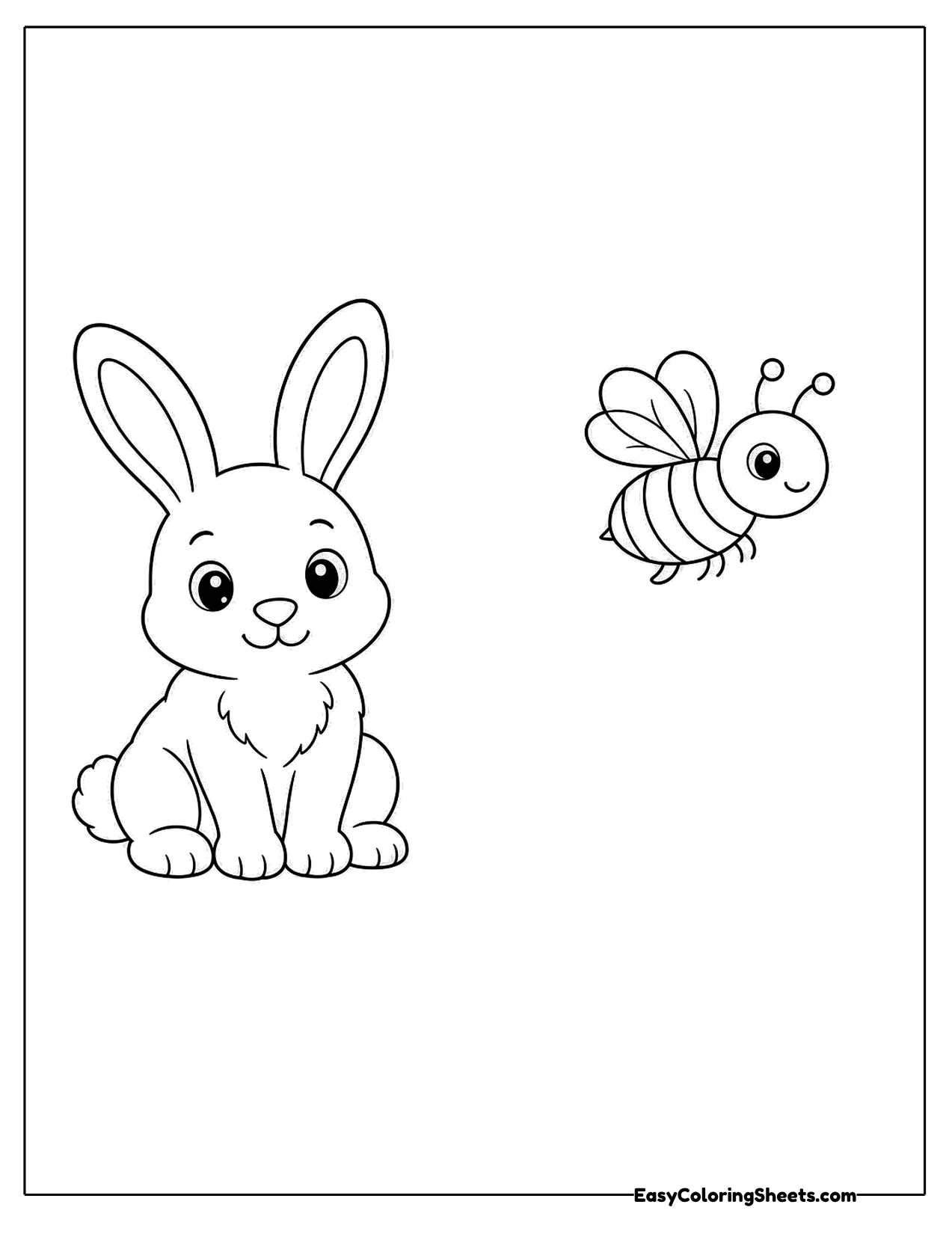 Bunny sitting with a small striped bee flying beside it
