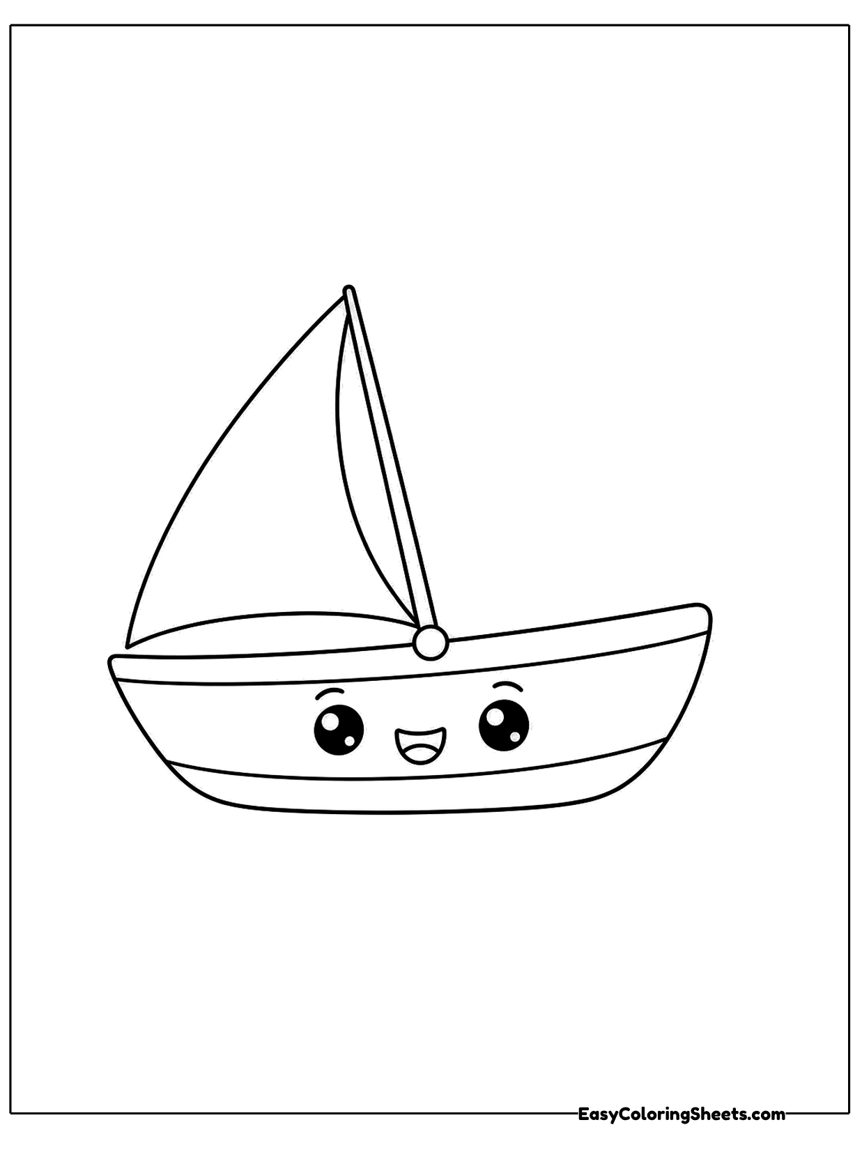 A big smiling sailboat with a single triangle sail and a curved hull fills the page.