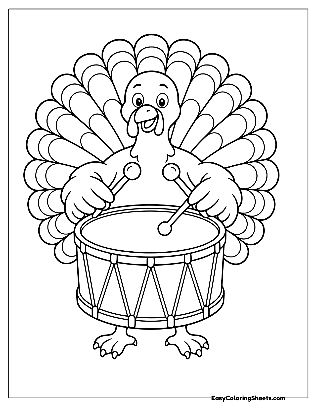 Turkey playing a big drum with its tail feathers fanned