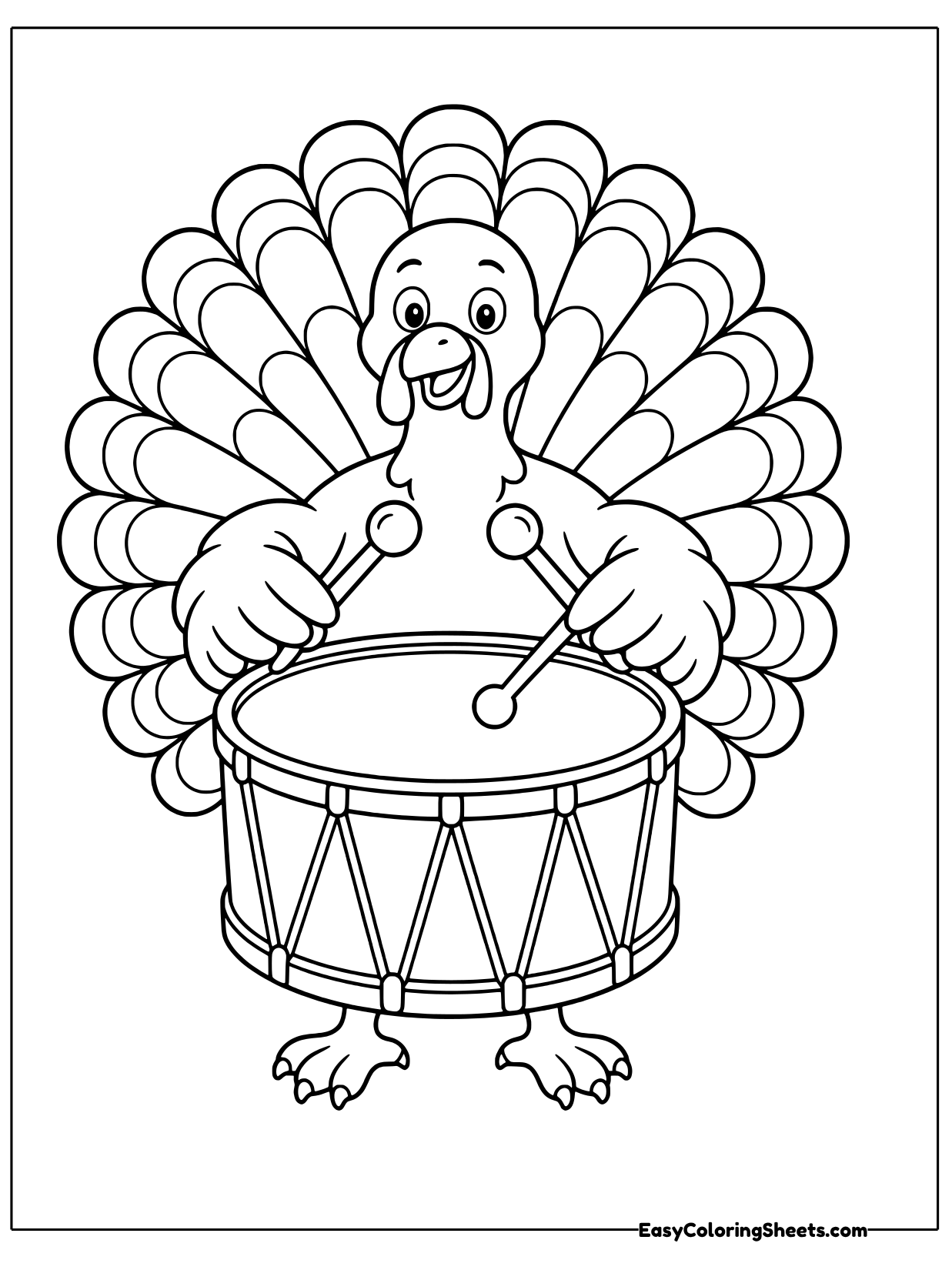 A proud turkey with its tail feathers fanned out plays a big parade drum with two drumsticks.