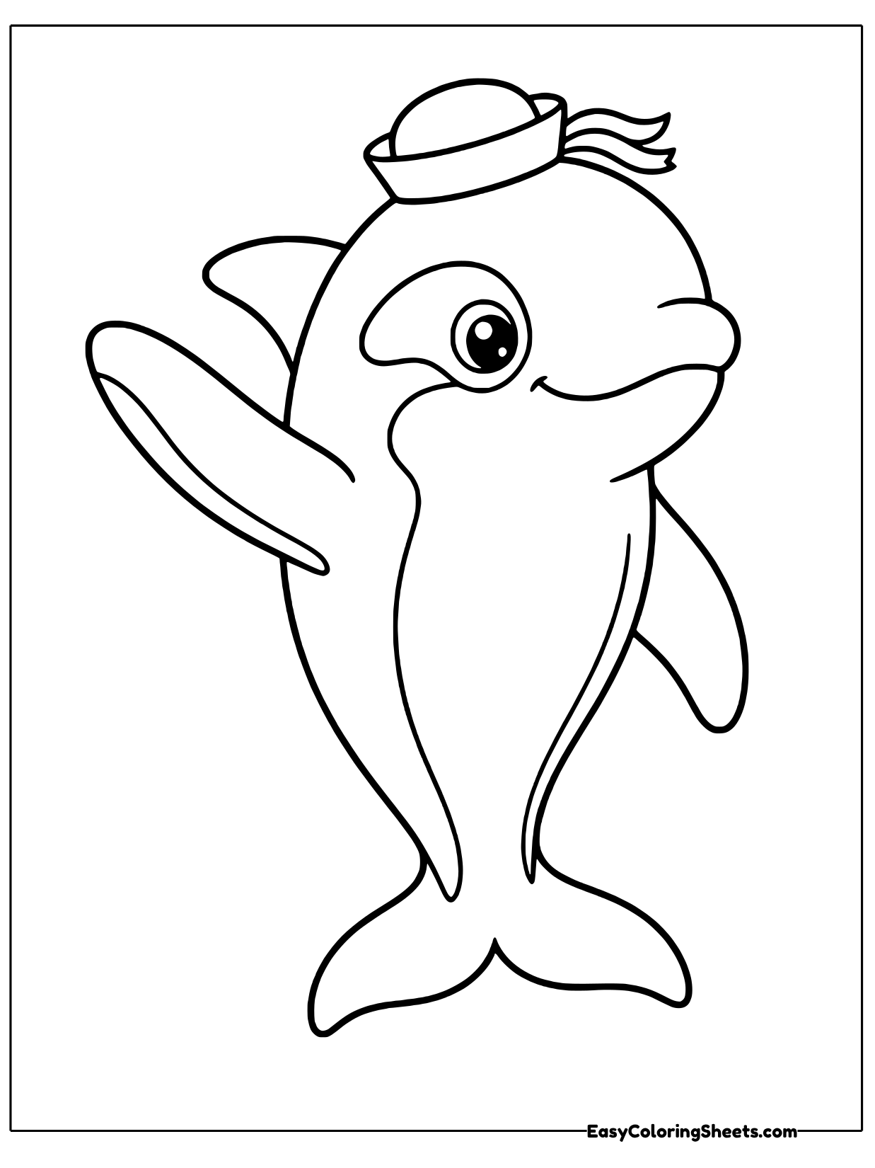 A friendly orca wearing a small sailor hat with ribbons waves one flipper.