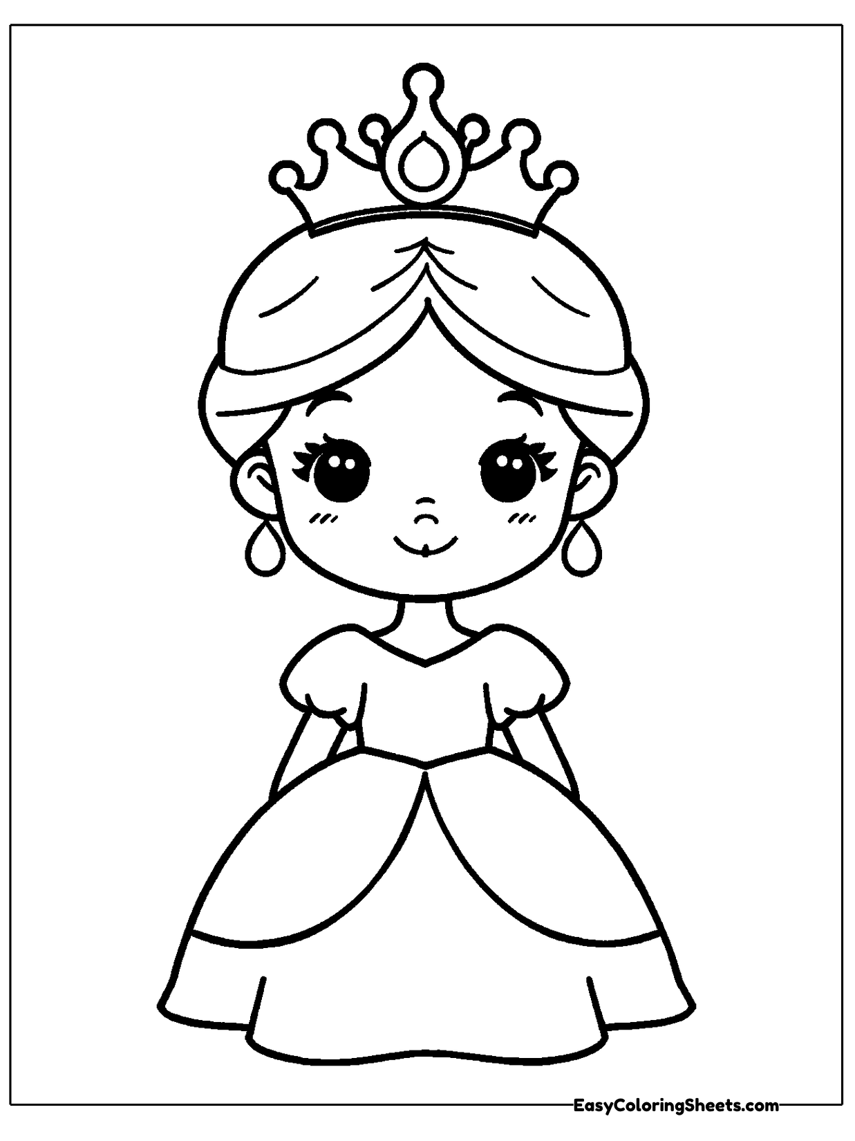 A princess with a sweet smile wears a tall jeweled crown and a full skirted dress with puffed sleeves.