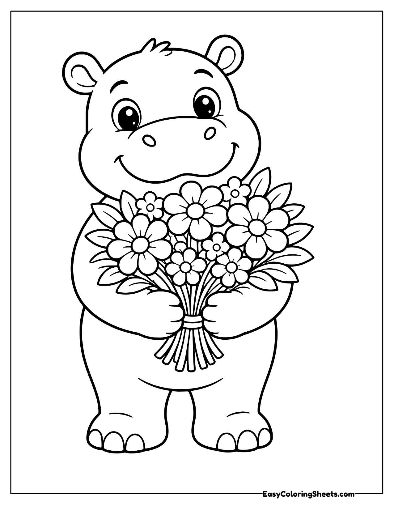 Hippo holding a big flower bouquet