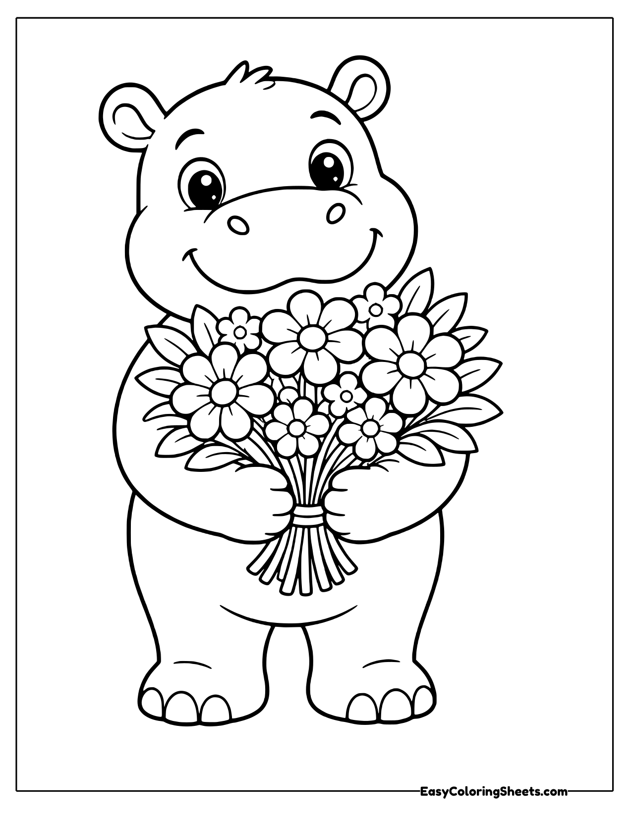 Hippo holding a big flower bouquet