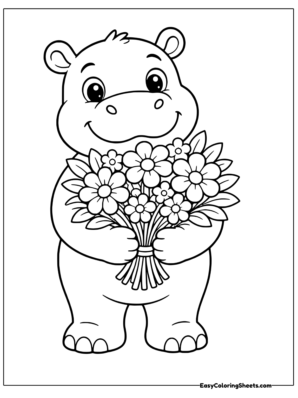 A sweet hippo holds a large bouquet of daisies and other flowers wrapped together.