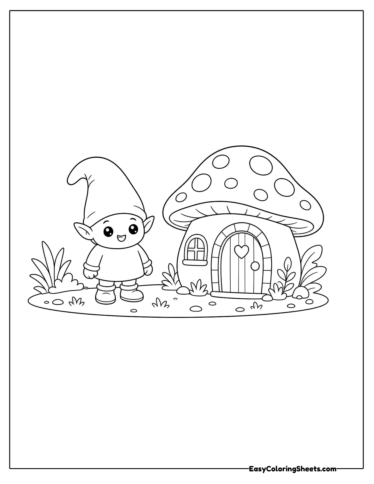 Tiny elf beside a mushroom cottage with a round door