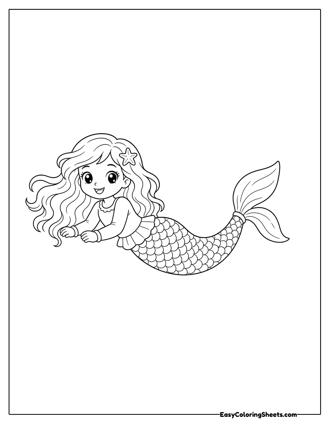 Mermaid lying on her side with long curly hair