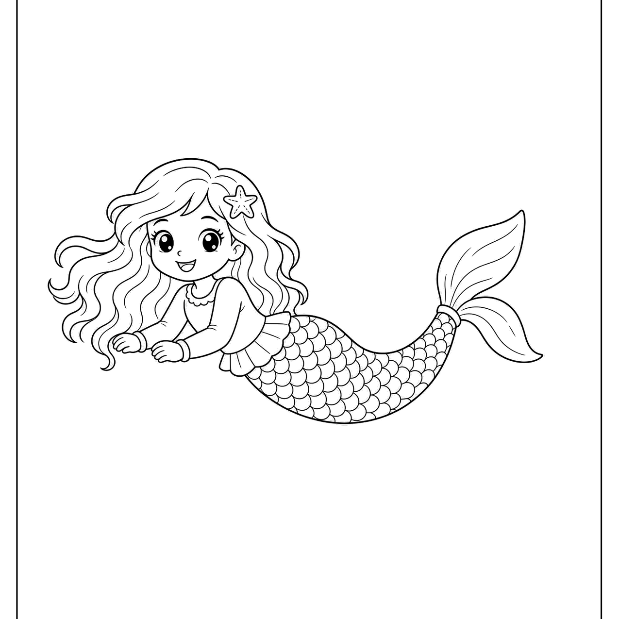Mermaid lying on her side with long curly hair