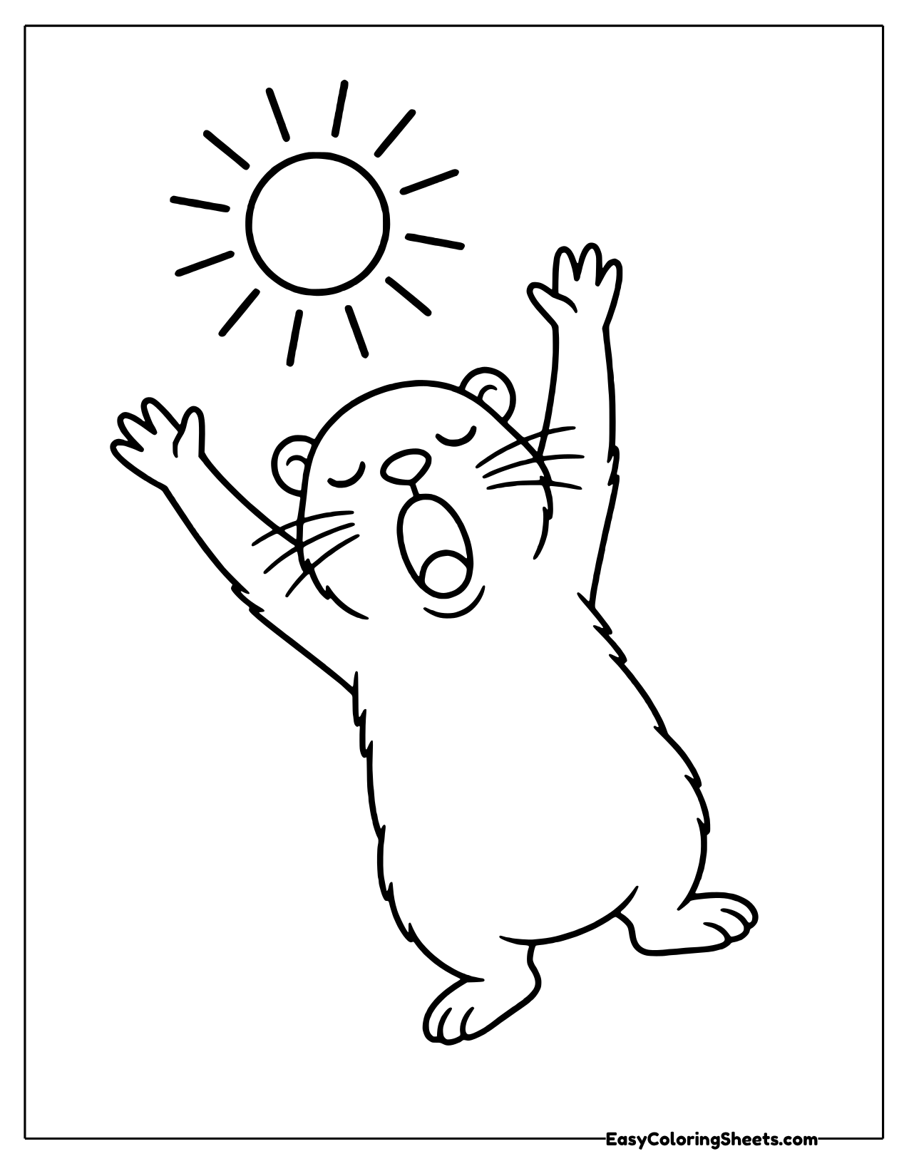 Sleepy groundhog stretching its arms up and yawning under a bright sun