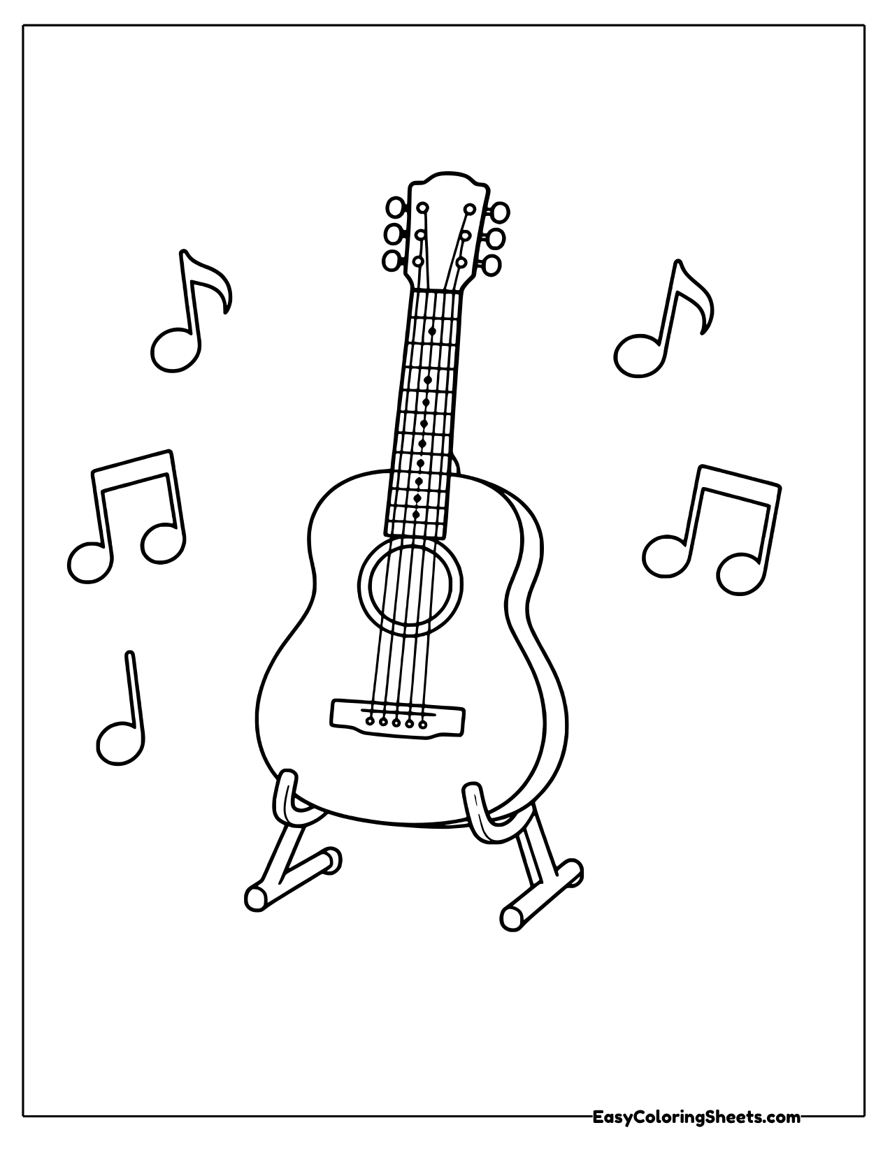 Acoustic guitar on a stand with music notes