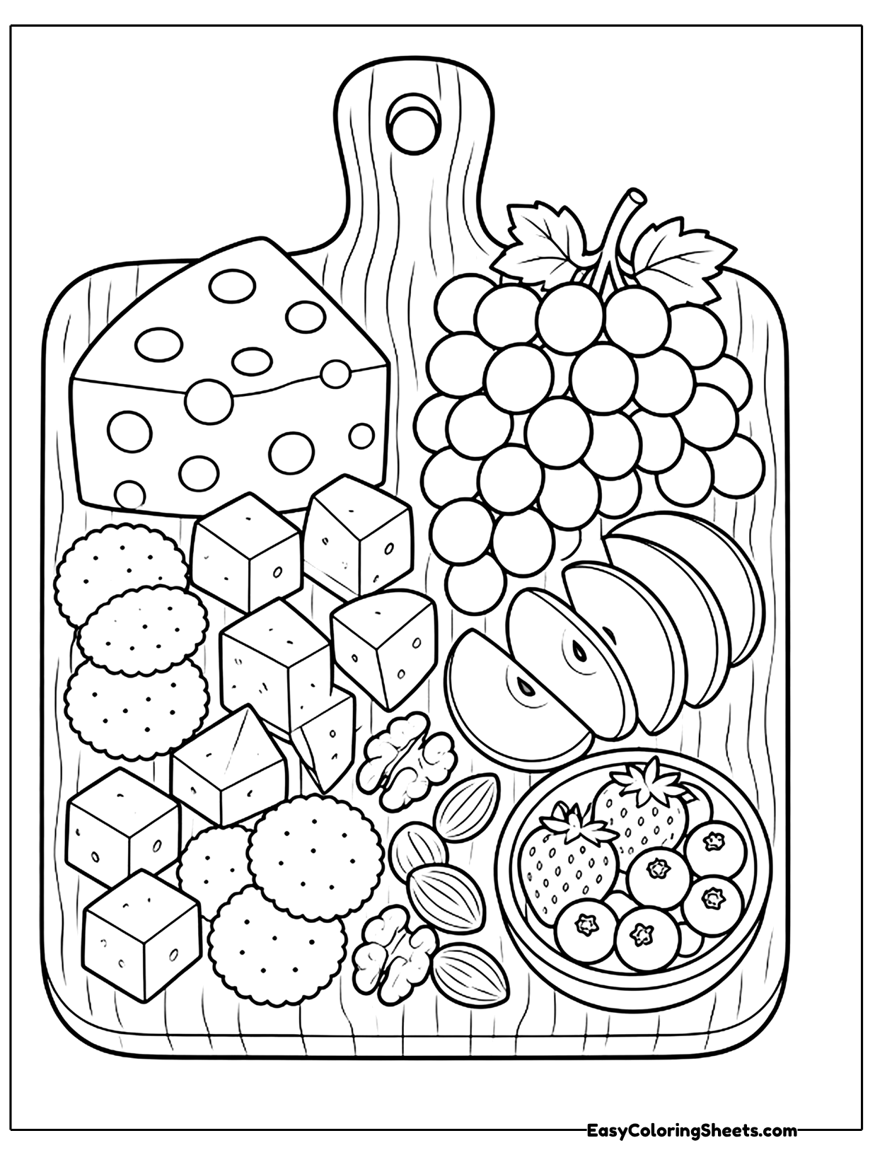 A wooden serving board is loaded with cheese cubes and wedges, grapes, apple slices, berries and round crackers.