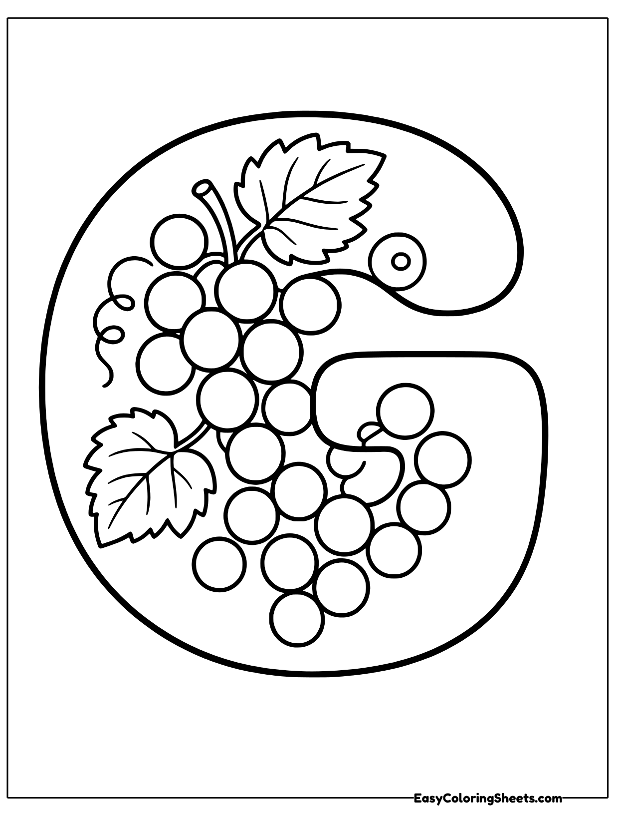 A big bubble letter G holds a bunch of grapes with a leaf on top.