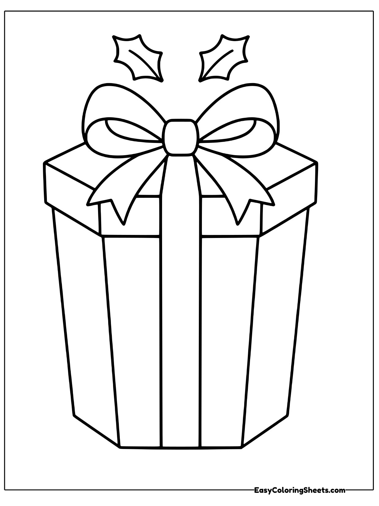 A tall present wrapped with a ribbon is topped with a bow decorated with holly leaves.