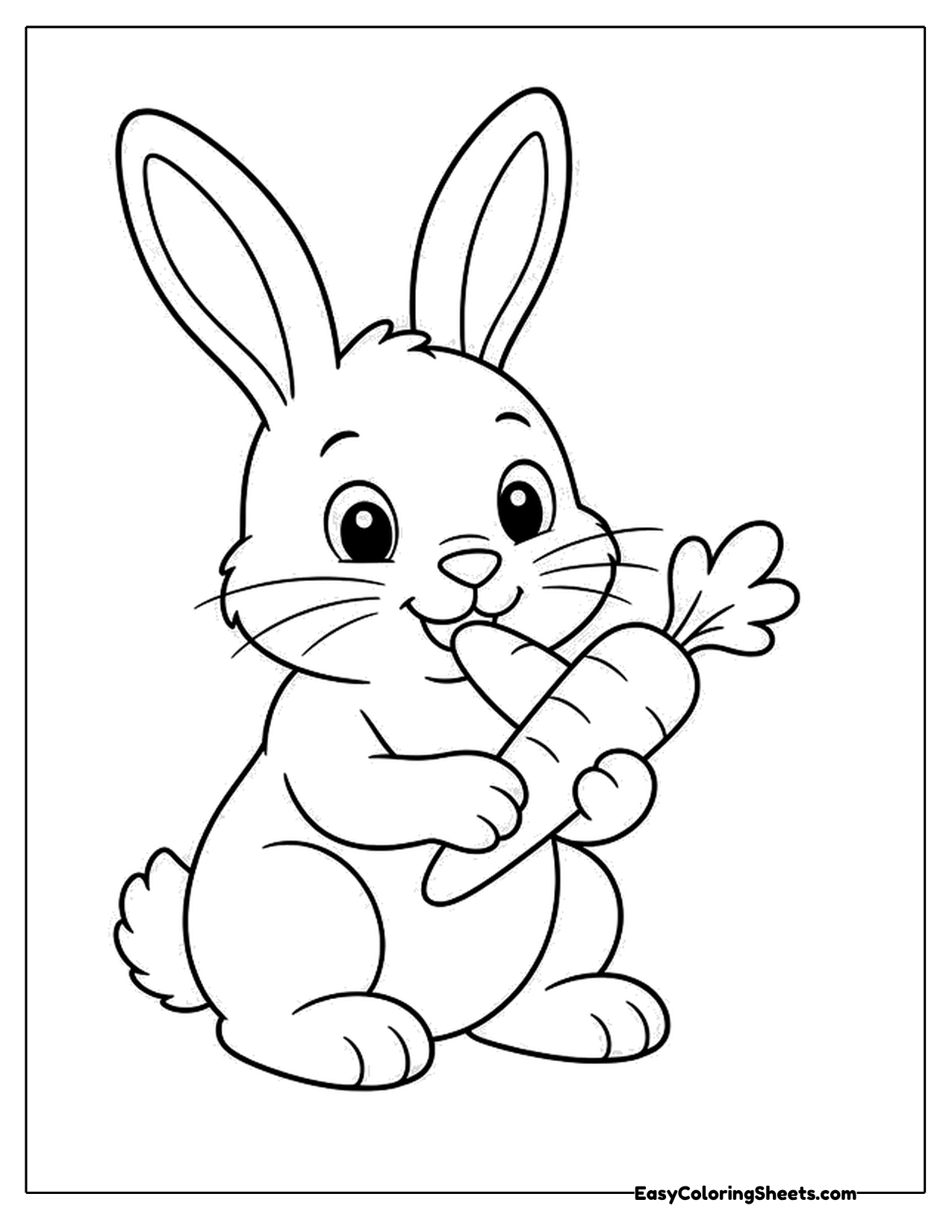 Rabbit hugging a large carrot with leafy greens