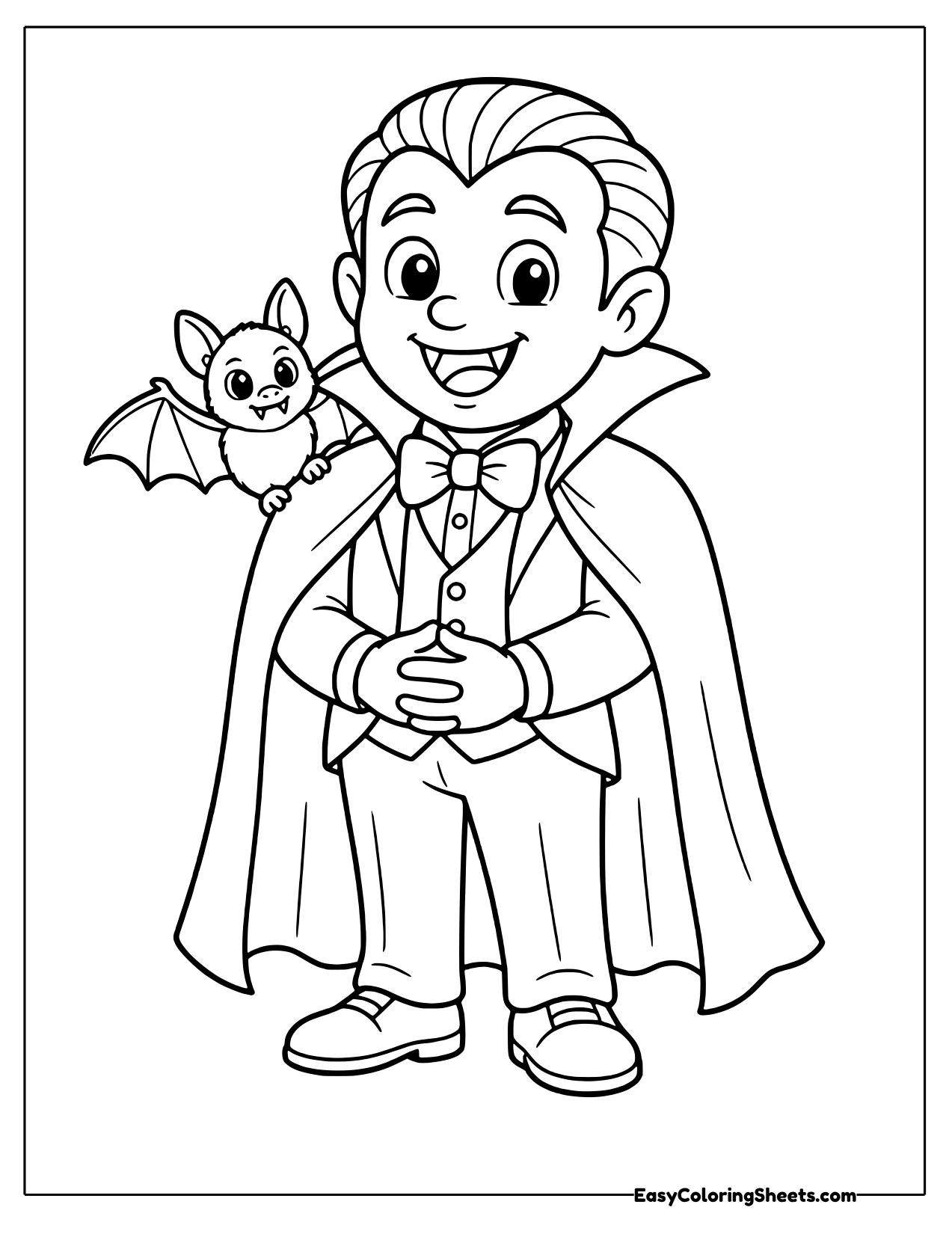 Vampire boy with a bat perched on his shoulder