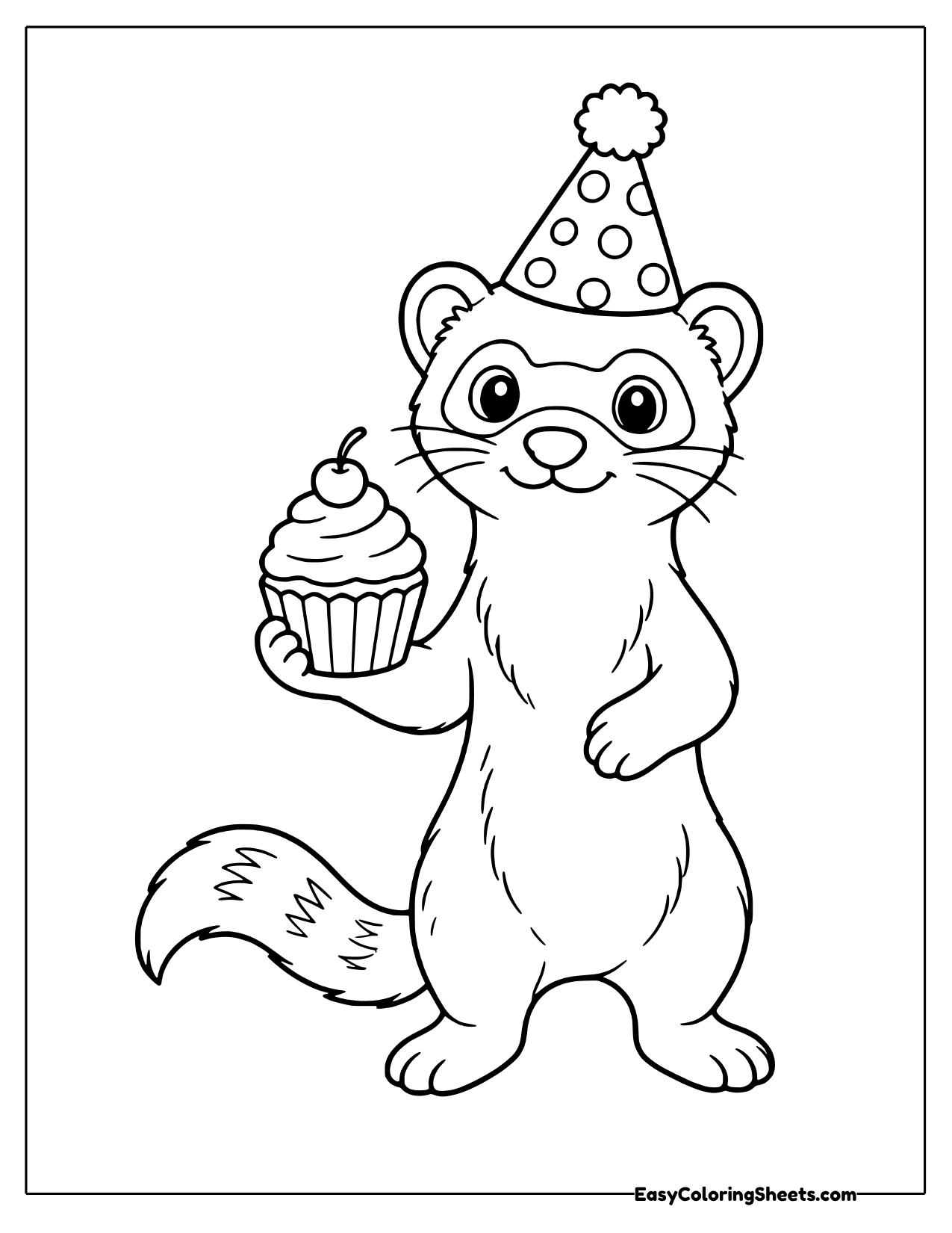 Ferret in a party hat holding a frosted cupcake