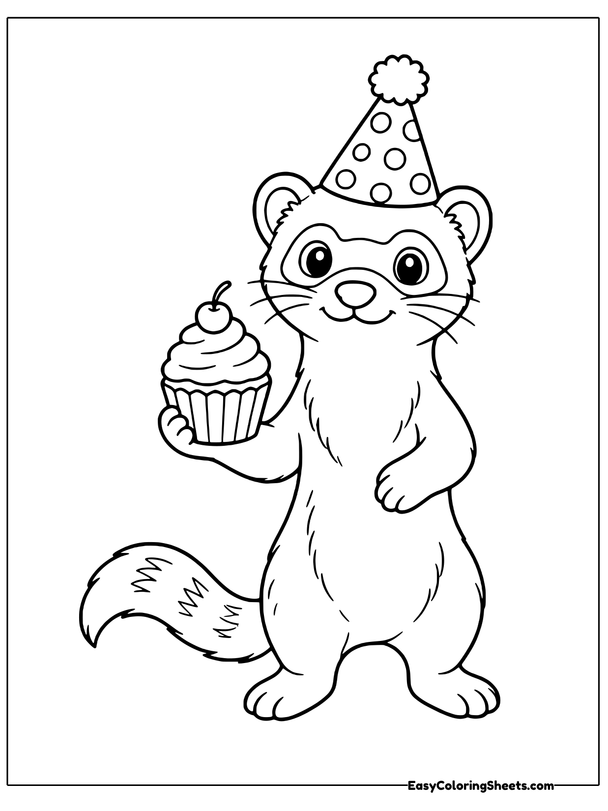 Dressed for a celebration, this ferret wears a pointed polka dot hat and holds up a cupcake with swirled frosting.