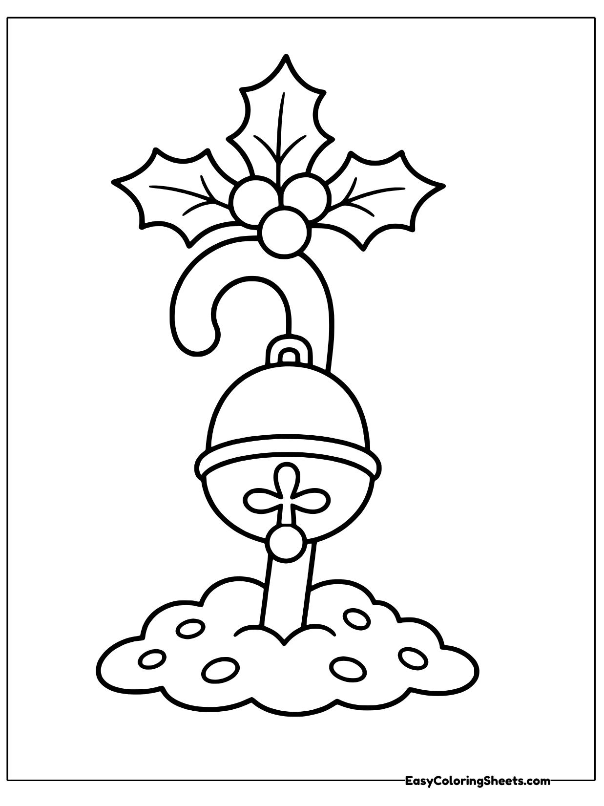 A candy cane hooks over a jingle bell tied with a bow, with a holly sprig on top and snow below.
