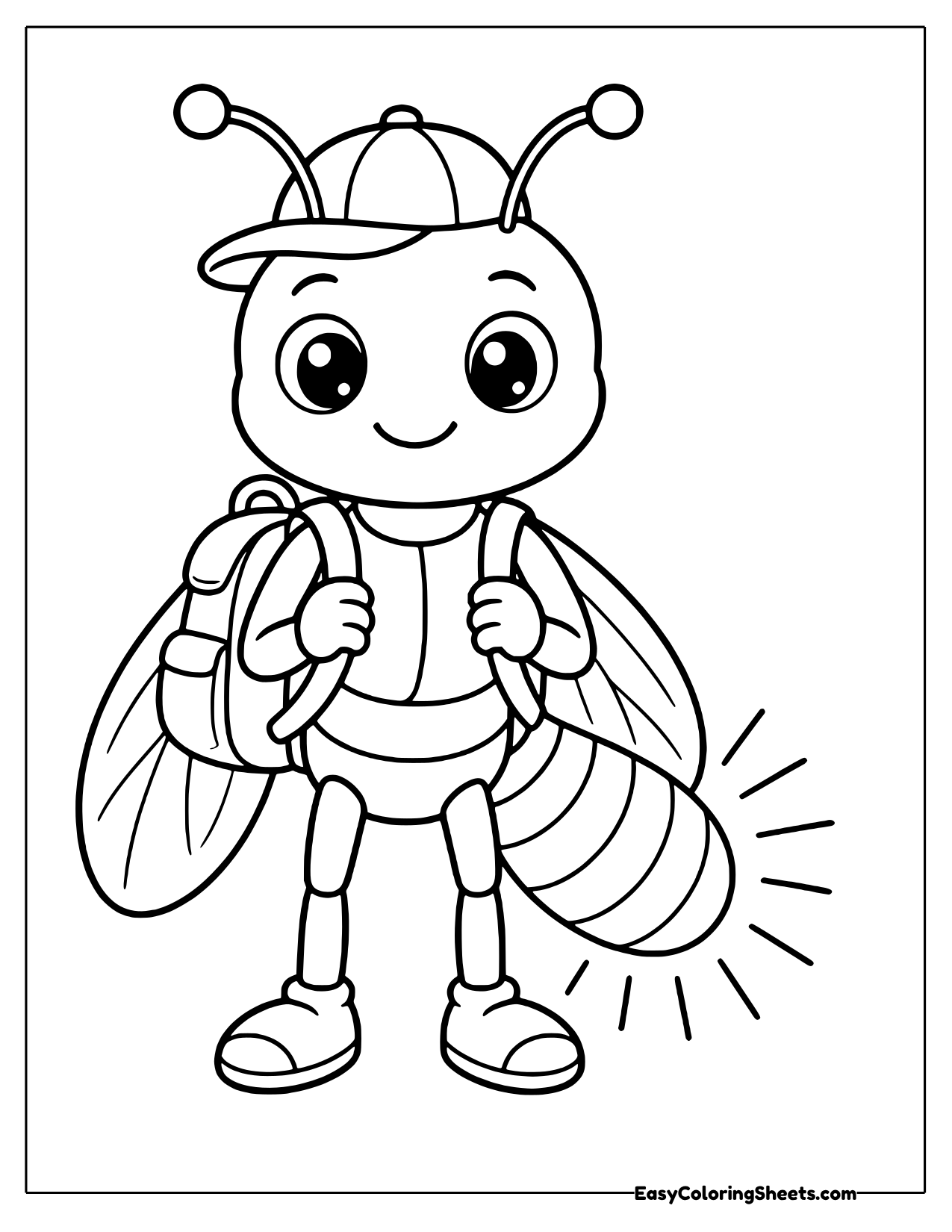 Firefly in a cap wearing a backpack