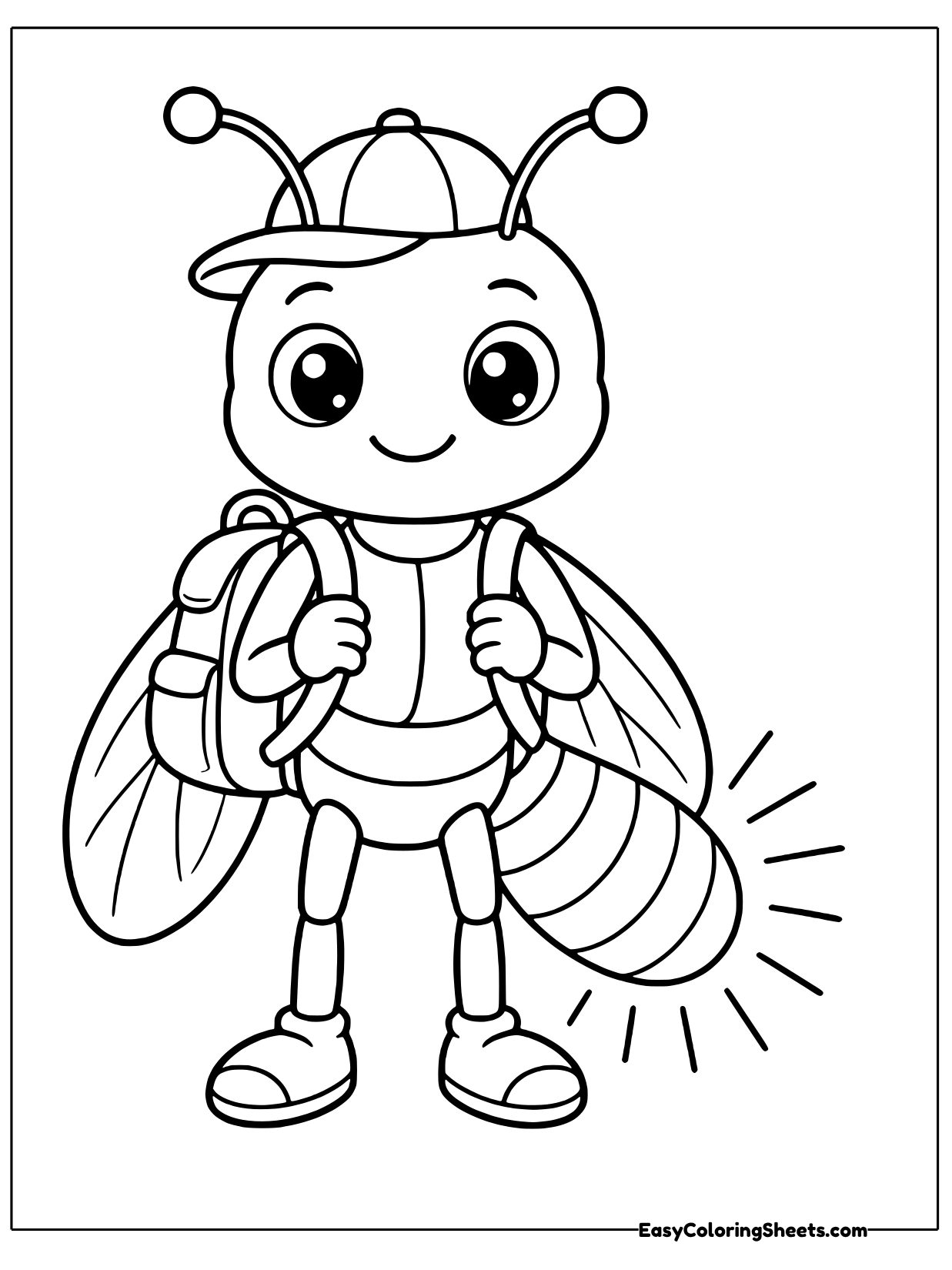 A firefly character stands upright in a baseball cap with a backpack strapped on, ready for school.