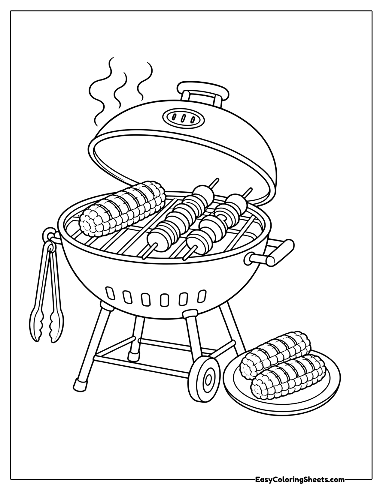 Grill with corn and vegetable skewers cooking
