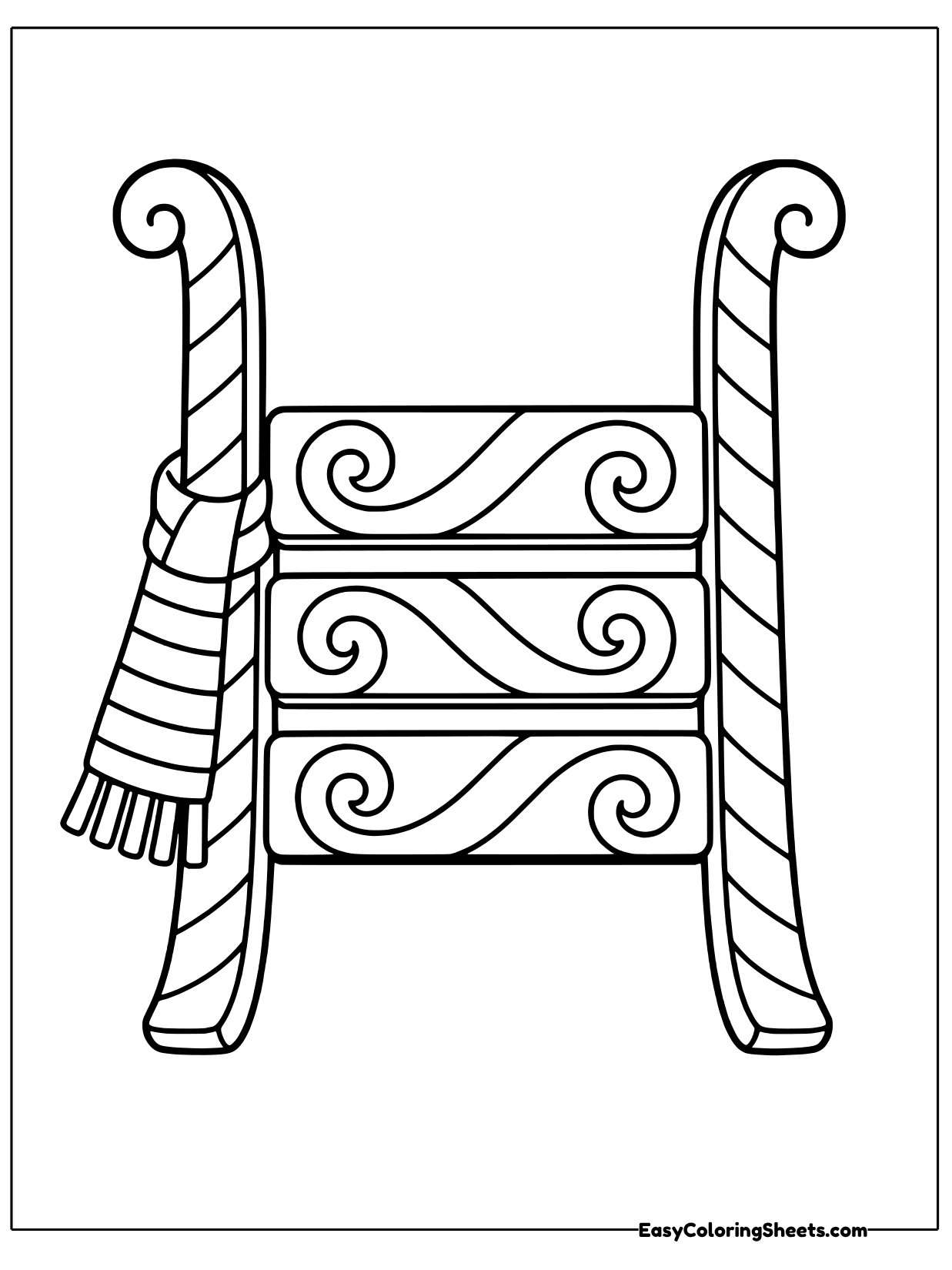 An upright sled is decorated with swirly peppermint style patterns, and a striped scarf drapes over one side.