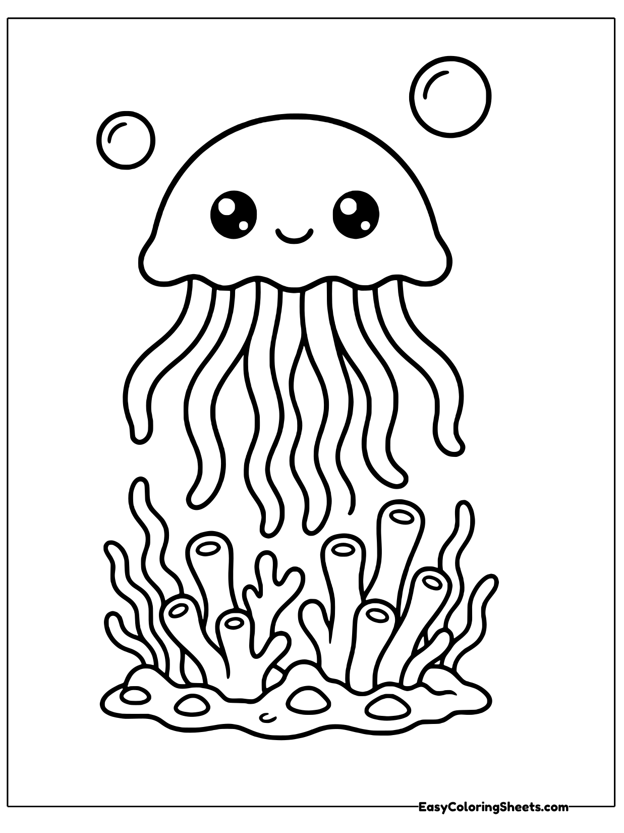 A jellyfish with dangling tentacles drifts above clusters of tube coral on the sea floor.