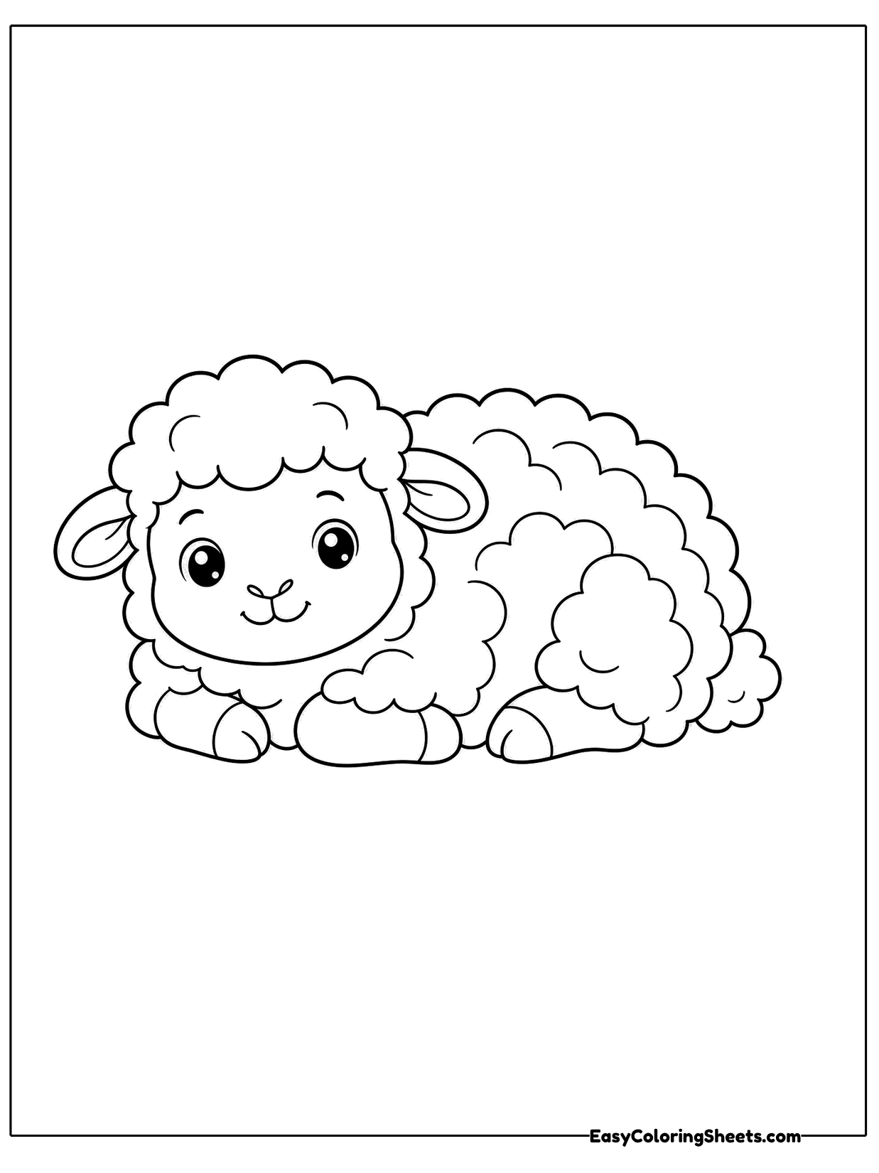 A relaxed sheep lies on its tummy with legs tucked beneath its thick wool.