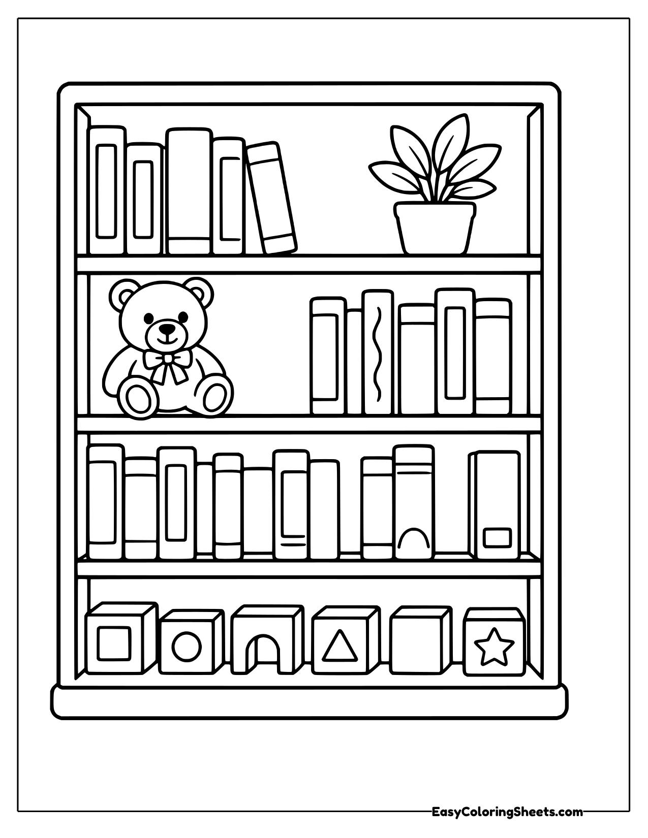 Bookshelf filled with books, a teddy bear and toys