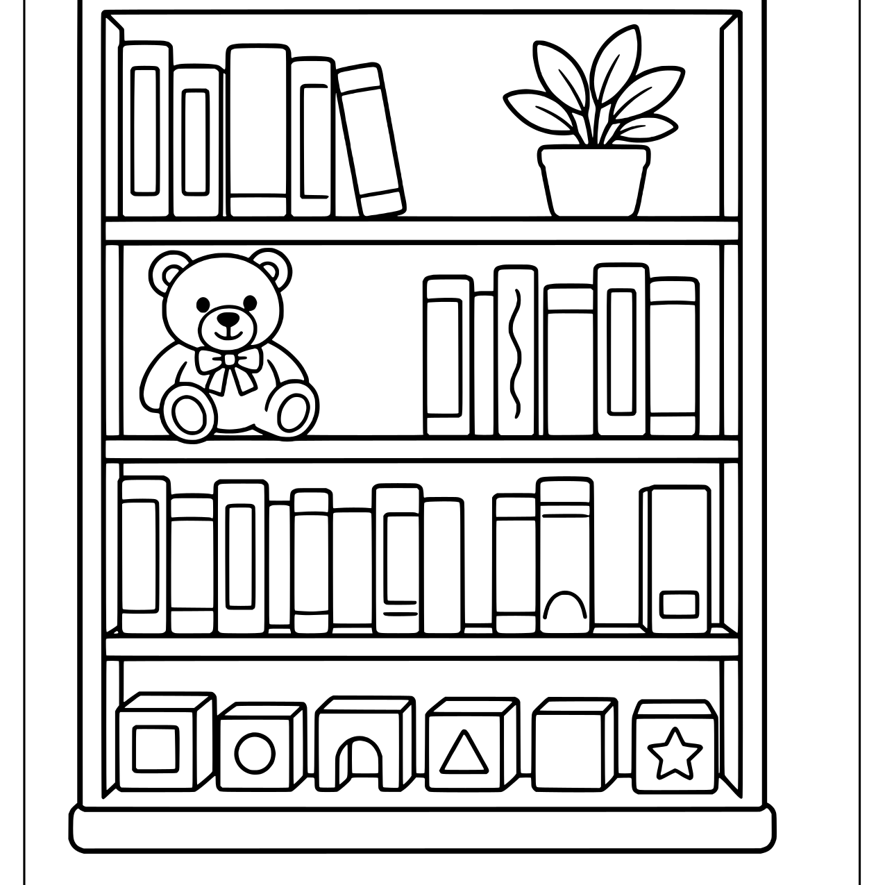 Bookshelf filled with books, a teddy bear and toys