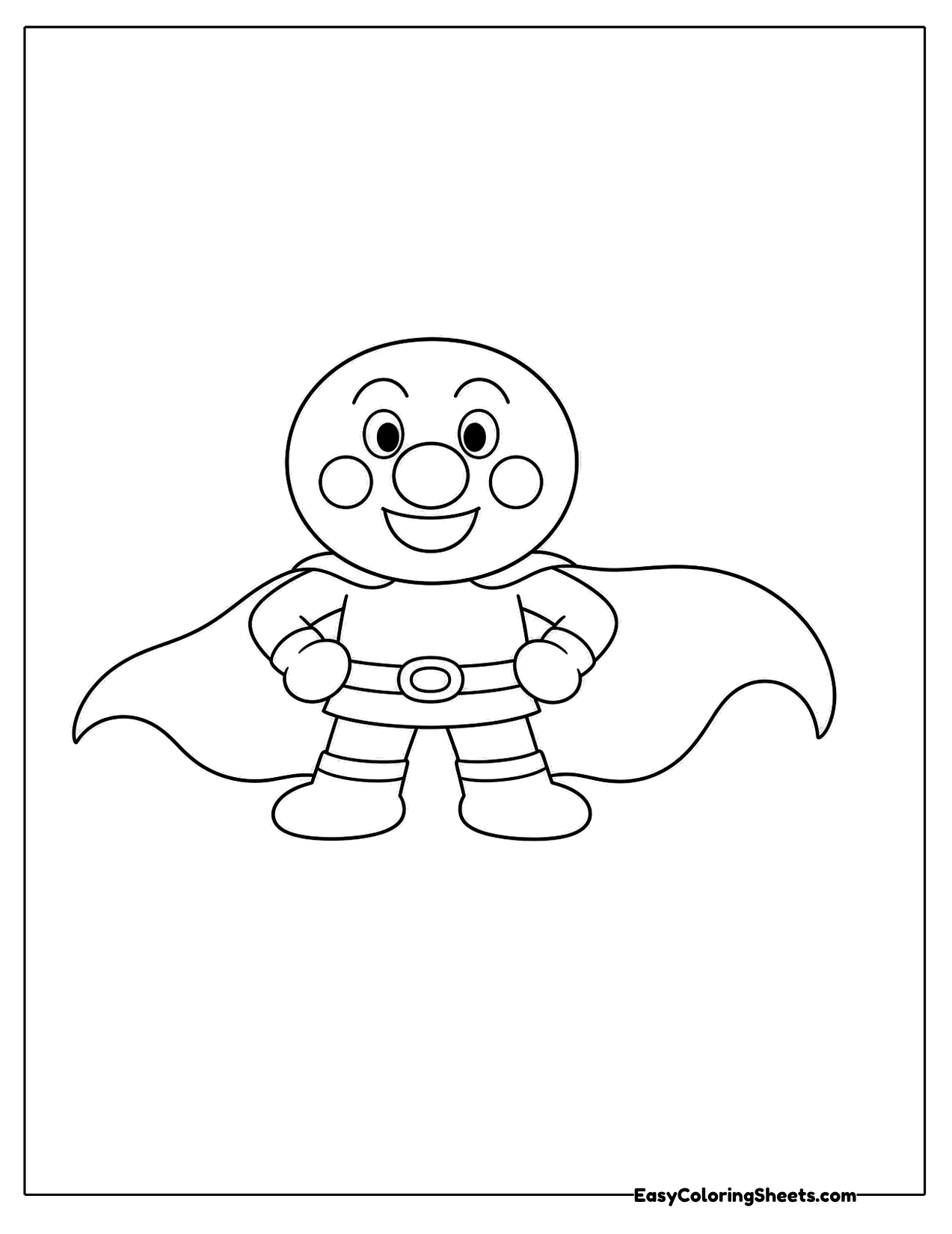 Small round-faced hero standing with a cape