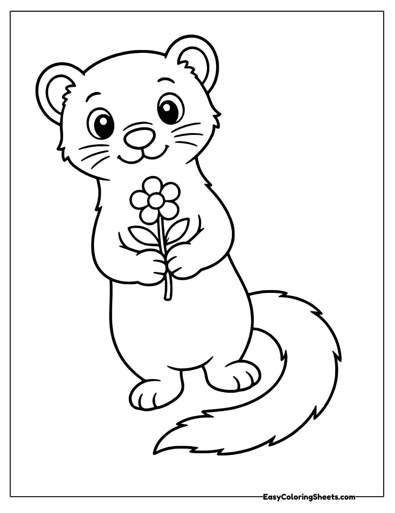 Standing weasel holding a daisy with a fluffy tail