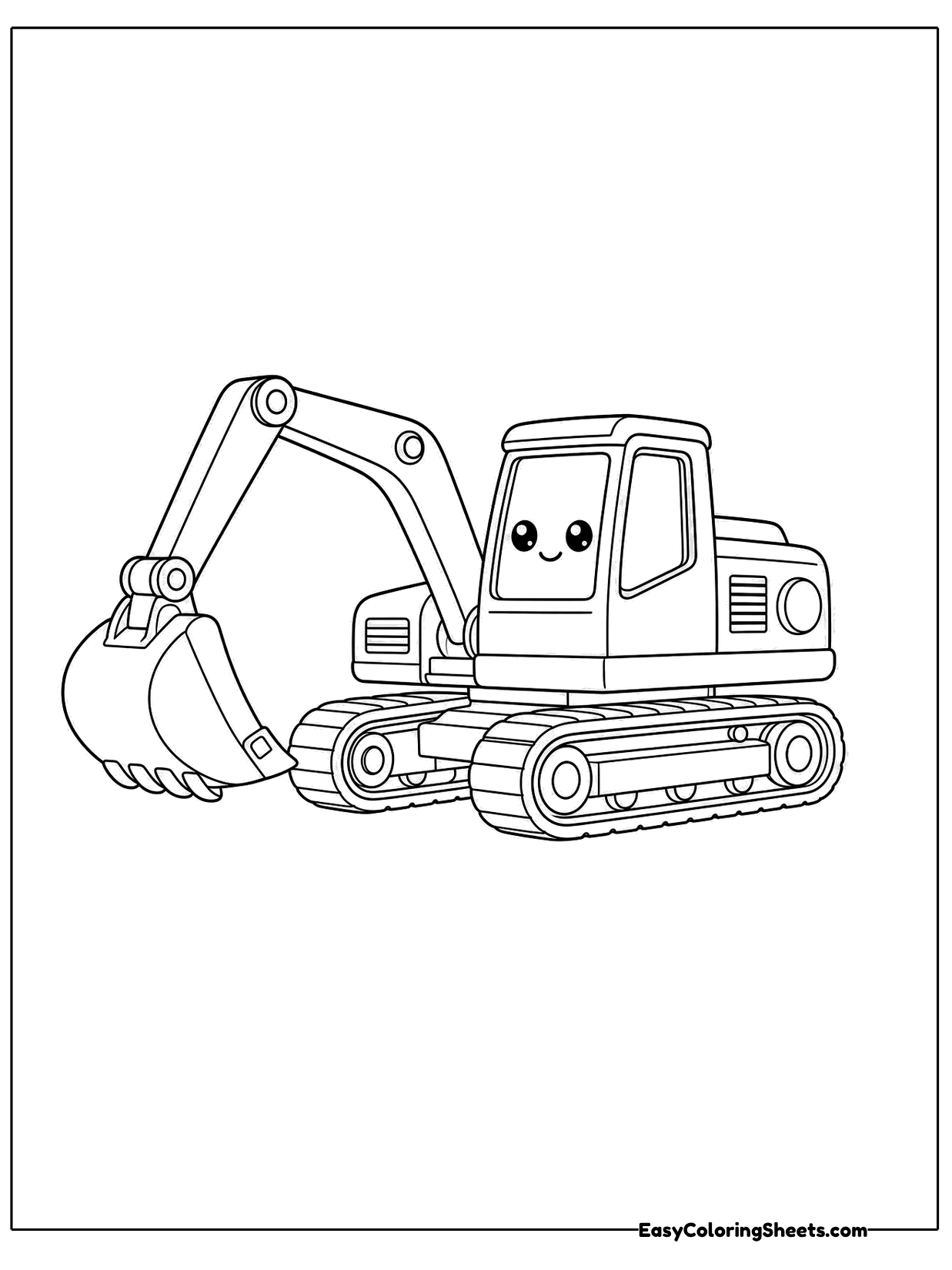 A cartoon excavator with a smiling face on its cab rests its long arm forward with the bucket scooping at the ground.