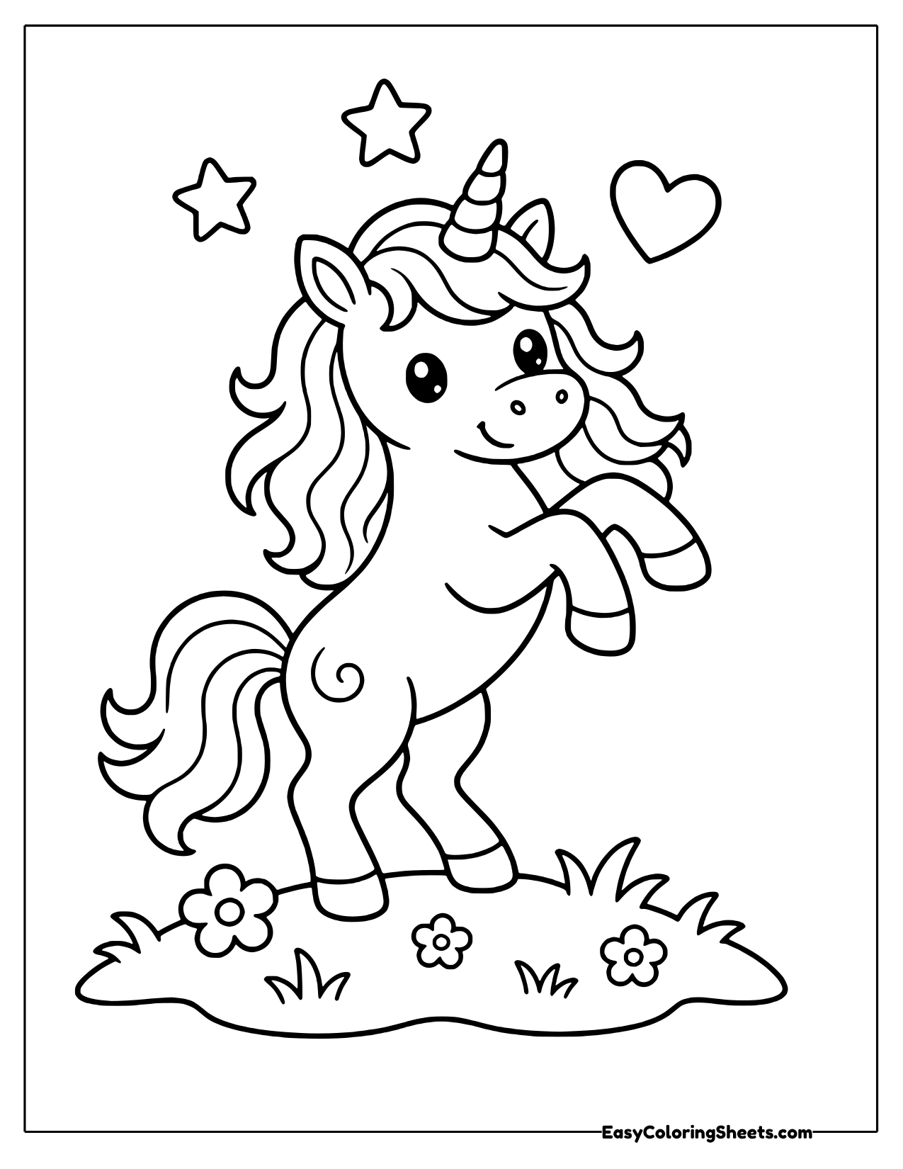 Unicorn rearing up among stars and hearts