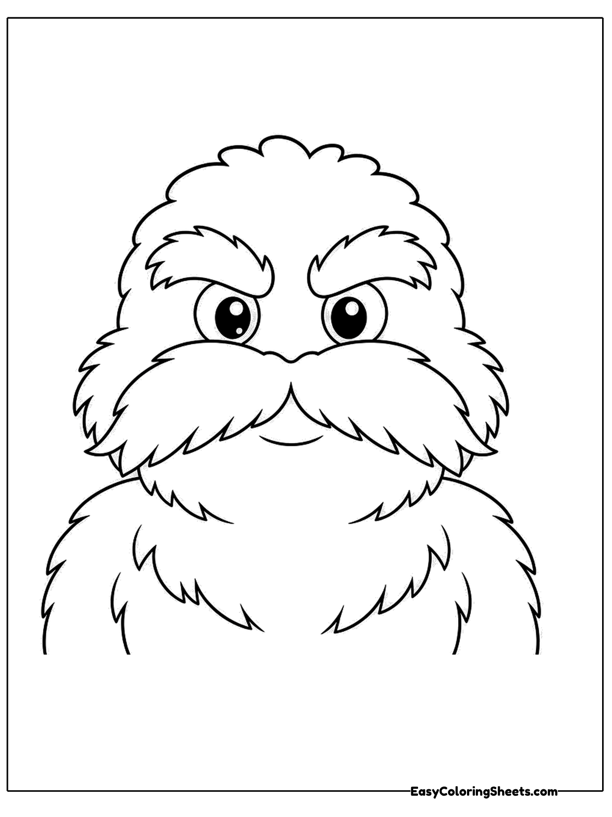 A round furry creature with thick eyebrows, small eyes and an enormous walrus mustache fills the page from the shoulders up.