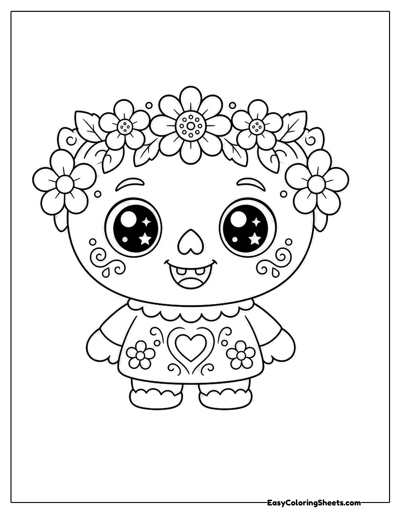 Cute sugar skull character with a flower crown