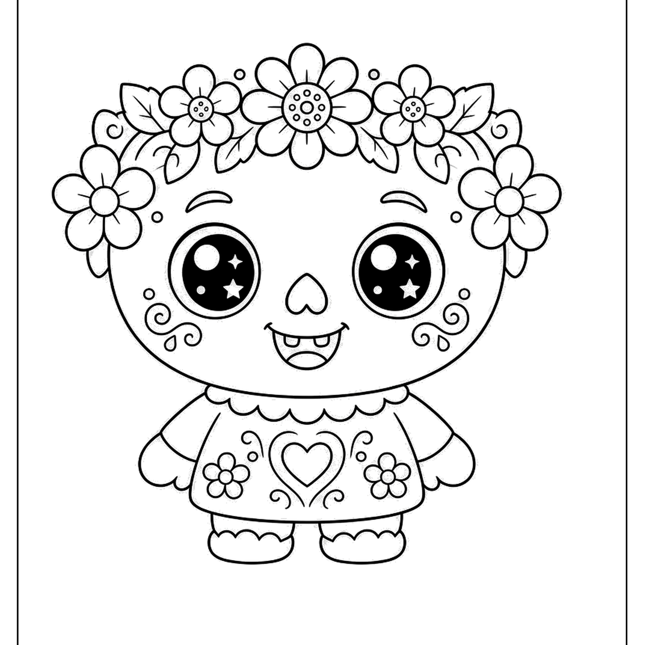 Cute sugar skull character with a flower crown