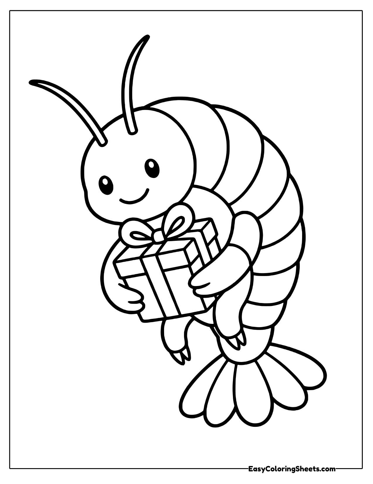 Happy cartoon shrimp holding a wrapped gift box with a bow