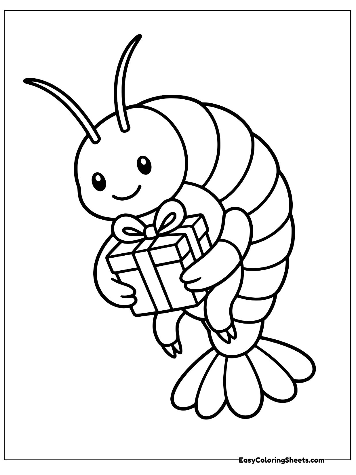 A happy cartoon shrimp with long antennae holds a wrapped gift box tied with a big bow.