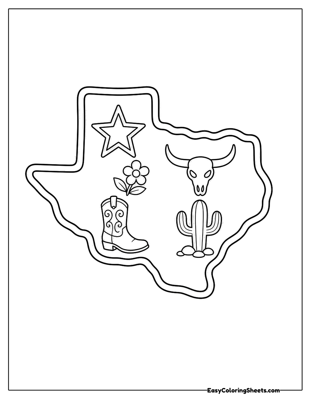 Texas map decorated with a cowboy boot, cactus and longhorn