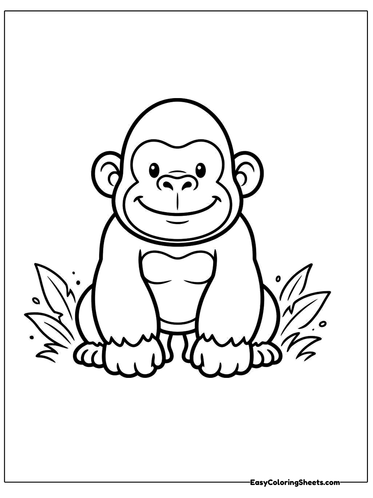 A small, smiling gorilla sits on the ground with leafy plants on both sides.