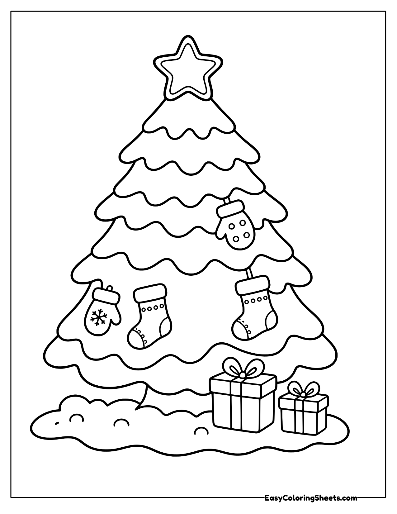 Christmas tree with mitten and stocking ornaments in the snow