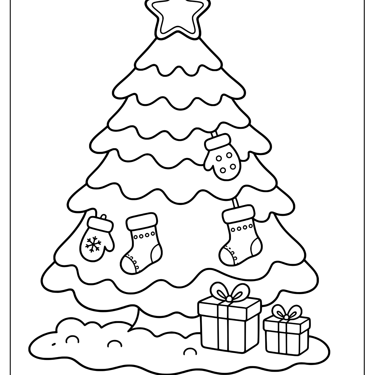 Christmas tree with mitten and stocking ornaments in the snow